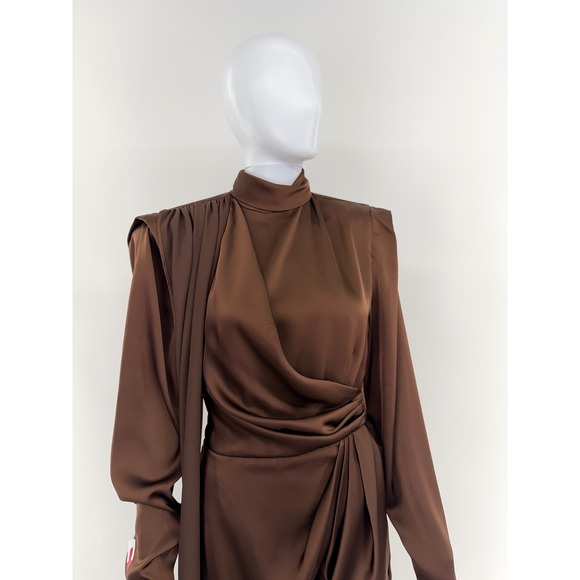 Ronny Kobo Brown Satin Draped Mock Neck Long Sleeve Mini Dress Size S - Picture 7 of 10
